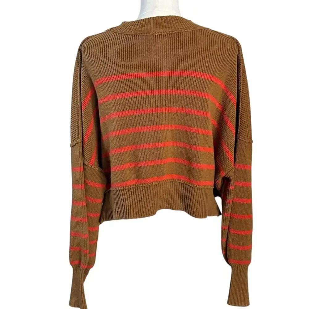 Free People Easy Street Stripe Crop Pullover Sweater Brown Orange Medium